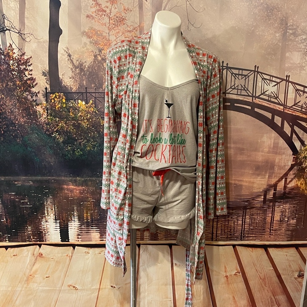 Cozy Gray and Red Pajama Set with Robe